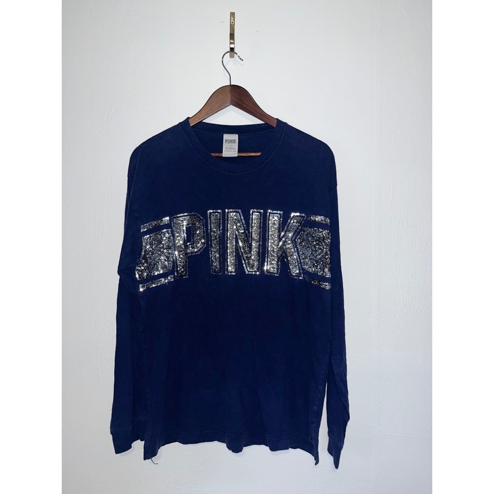 Victoria Secret PINK Long Sleeve Y2K Shirt Navy Blue Silver Sequin Logo Large L